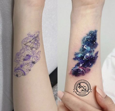 Purple Galaxy Tattoo, Paw Print Cover Up Tattoo, Watercolour Tattoo Cover Up, Wrist Watercolor Tattoo, Dark Watercolor Tattoo, Galaxy Cover Up Tattoo, Night Sky Tattoos For Women, Watercolor Galaxy Tattoo, Tatuaje Cover Up