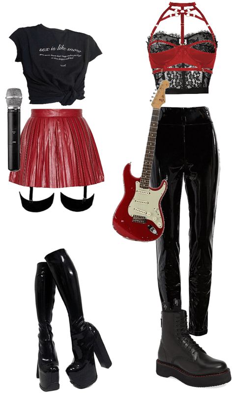 Rockstar Outfits For Women, Drummer Outfits, Mcr Concert Outfit, Glam Metal Aesthetic, Punk Rock Concert Outfit, Female Rockstar Outfit, 80s Rocker Chick Outfit, 80s Rock Outfit, 80s Rocker Chick