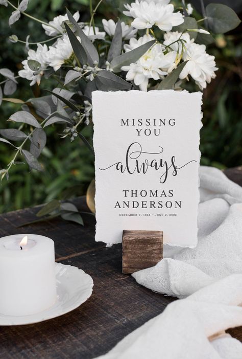 Missing You Always, Memorial Table Sign, Modern Minimalist Funeral Signs, Funeral Guestbook Table Sign, Funeral Quotes, Memorial Decor Signs Memorial Memory Table, Celebration Of Life Verses, Celebration Of Life Memorial Signs, Share A Memory Ideas, Share Your Favorite Memory, Centerpieces For A Celebration Of Life, Share A Memory Card Free Printable, Memorial Service Ideas Decor, Celebration Of Life Table Decor