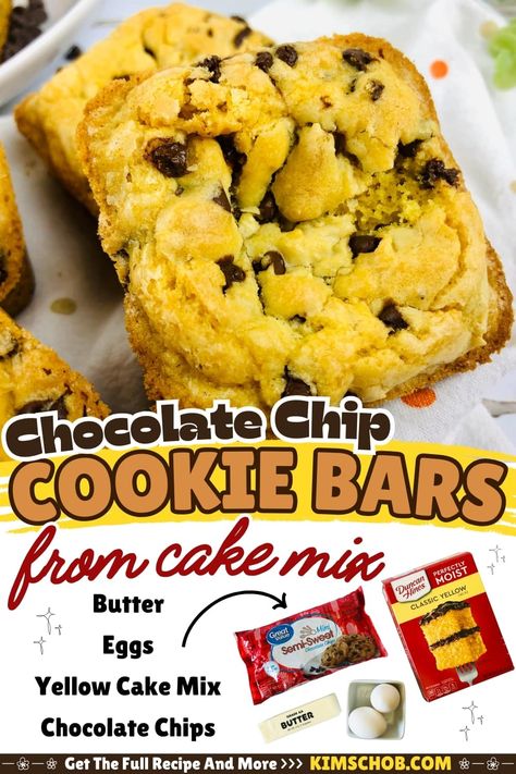 Indulge in these Cake Mix Cookie Bars made with only 4 simple ingredients. Enjoy fluffy cookie bars filled with delicious chocolate morsels in every bite. Perfect for a quick and easy treat! Yellow Cake Mix Chocolate Chip Cookie Bars, Cookie Bars With Yellow Cake, Lazy Cookie Bars Yellow Cakes, Yellow Cake Mix Chocolate Chip Bars, Yellow Cake Chocolate Chip Cookies, Yellow Cake Mix With Chocolate Chips, Yellow Cake Cookie Bars, Yellow Cake Mix Bars Recipes, Chocolate Chip Bars With Yellow Cake