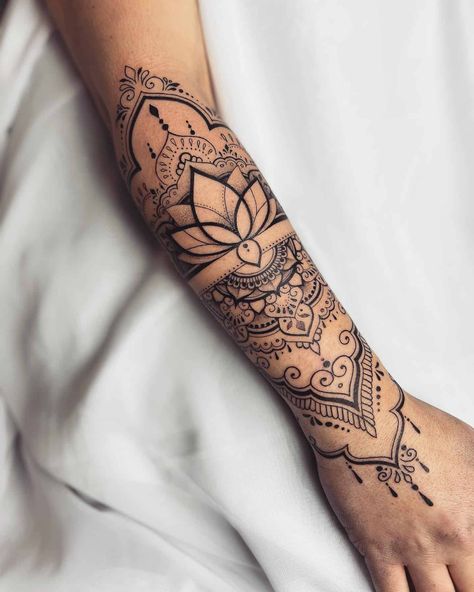 Mandala Tattoo Sleeve Women, Forearm Mandala Tattoo, Mandala Arm Tattoos, Tato Mandala, Mandala Tattoos For Women, Mandela Tattoo, Mandala Hand Tattoos, Mandala Tattoo Sleeve, Cuff Tattoo