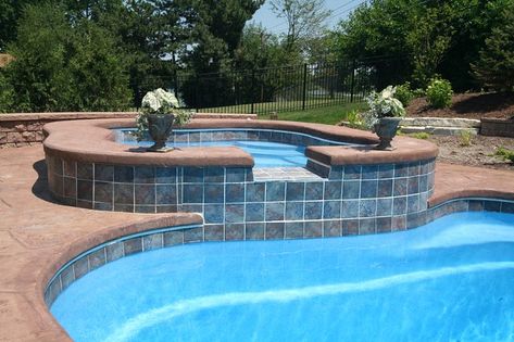 Composite Pools - Lexington Pool & Alexandria Spa - in gro… | Flickr Pools Design Ideas, Pool Tiles And Coping, Pool Tile Ideas, Pool Deck Tile, Waterline Pool Tile, Pool Tile Designs, Pool Makeover, Spa Tile, Brownie Trifle