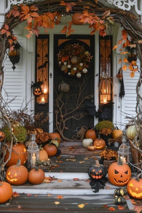 Modern Halloween Decor, Outside Halloween Decorations, Outdoor Fall Decor Ideas, Fall Front Porch Decor Ideas, Halloween Outside, Halloween Front Porch Decor, Outdoor Halloween Decorations, Modern Halloween, Adornos Halloween