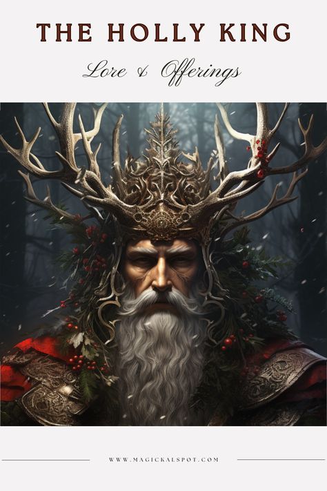 Discover the enchanting lore of The Holly King! 🌲👑 Delve into ancient tales, understand his significance in seasonal shifts, and learn traditional offerings to honor him. Perfect for those seeking deeper connections with age-old traditions. #HollyKing #PaganLore #SeasonalMagic The Oak King And The Holly King, The Oak King, Holly King Pagan, Oak King And Holly King, Yule Art, The Holly King, Cleansing Spells, Oak King, Forest God