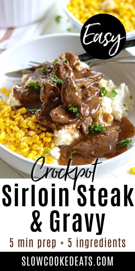 If you're looking for an easy, delicious beef recipe for dinner, you can't go wrong with Crock Pot Sirloin Steak with Gravy. This comfort food favorite is made with just five simple ingredients and is ready in no time. Plus, it cooks low and slow in a crock pot for a perfect, tender and juicy steak! The perfect busy weeknight dinner idea! Tenderized Sirloin Tip Steak Recipes, Top Sirloin Recipes Easy, Sirloin Steak In Crockpot Slow Cooker, Crockpot Beef Sirloin Steak, Filet Crockpot Recipes, What To Make With Top Sirloin Steak, Recipe For Sirloin Steak, Crockpot Sirloin Tip Steak, Crock Pot Recipes With Beef