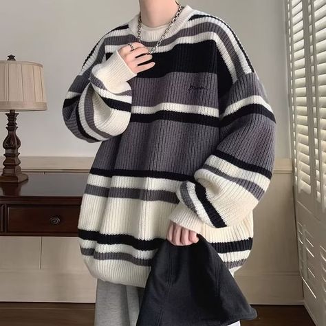 Oversized Striped Sweater, Couples Sweaters, Striped Knitted Sweater, Pull Oversize, Women Sweaters Winter, Sweater Oversize, Sweater Men, Embroidered Sweater, Round Neck Sweaters