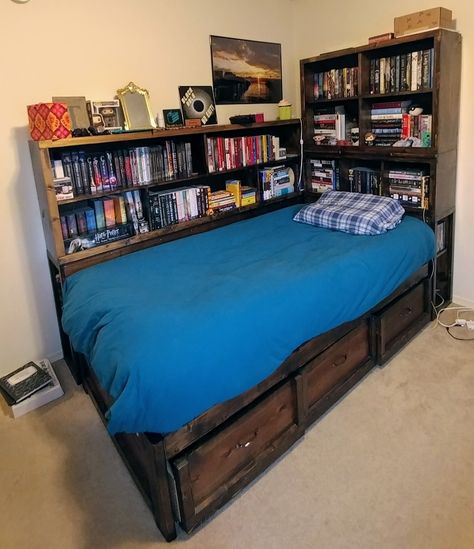 Storage Daybed, Queen Daybed, Bookshelf Bed, Bookshelf Headboard, Diy Bookshelf, Beds For Small Spaces, Daybed With Storage, Sleeping Room, Bedroom Images