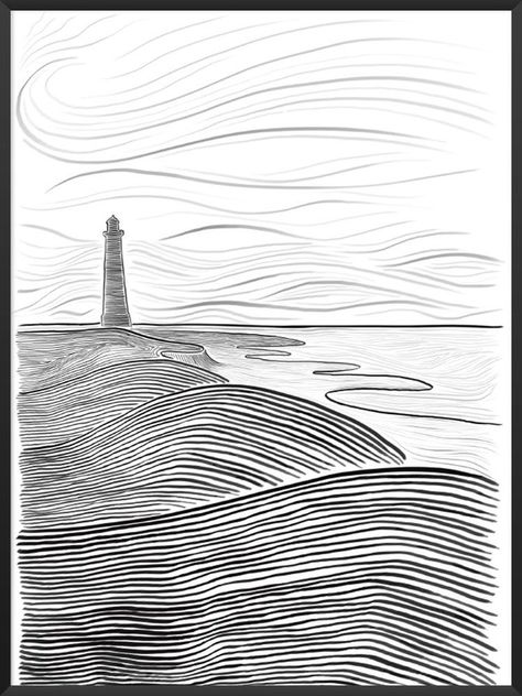 Seaside Drawing, Beach Drawing, Lighthouse Print, Black And White Beach, Pen Art Drawings, Monochrome Art, Scandinavian Print, Beach Posters, Nature Posters