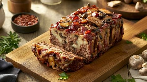 Bacon Mushroom Swiss Cheese Meatloaf Recipe - Luscious Recipes Mushroom Swiss Meatloaf, Bacon Mushroom Swiss Cheese Meatloaf, Bacon Mushroom Swiss Meatloaf, Quick Supper Ideas, Cheese Meatloaf, Luscious Recipes, Cheese Stuffed Meatloaf, Heart Healthy Recipes Low Sodium, Leftover Meatloaf