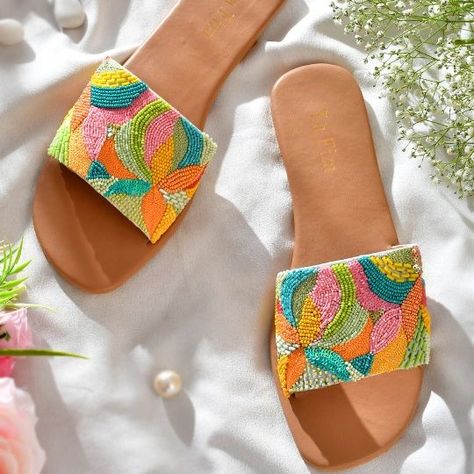 🌈✨ Step into summer with our vibrant, handmade multicolour embroidered sliders! Each pair is a unique piece of art, crafted with love and attention to detail. Perfect for adding a pop of color to any outfit! 💖👡 Handmade with care 🎨 Beautiful multicolour embroidery 💫 Unique and one-of-a-kindTreat your feet to comfort and style. Available now in limited quantities!#Handmade #Embroidered #Sliders #SummerStyle #UniqueFashion #ColorfulShoes #ShopSmall #supportartisans Embroidery Unique, Indian Wedding Gifts, Fancy Sandals, Slider Design, Beaded Sandals, Colorful Shoes, Womens Wedding Shoes, Bride Gift, Trending Fashion