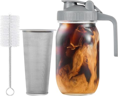 32oz Grey Stainless Steel Filter Cold Brew Mason Jar, No Leaks Cold Brew Mason Jar Coffee Maker, Easy to Clean Cold Coffee Maker Mason Jar Coffee, Coffee Mason Jar, Mason Jar Design, Cold Brew Iced Coffee, Iced Coffee Maker, Coffee Jar, Spout Design, Making Cold Brew Coffee, Homemade Juice