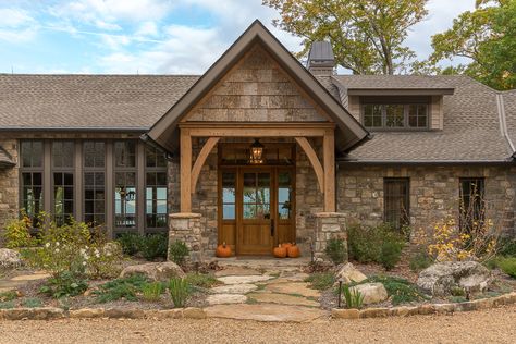 Platt Architecture, PA | High Country Stone Lodge | River Stone House Exterior, Homes With Cedar Accents, Lodge Style Homes Exterior, Lodge Home Exterior, Rustic Mountain Home Exterior, Mountain Craftsman Style Homes, Lodge Style House Plans, Lodge Exterior, Stone House Plans