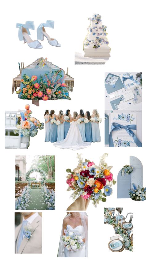 Summer Blue Wedding Colors, Periwinkle Blue Wedding Theme, Dusty Blue And Peach Wedding Theme, Blue Wedding Mood Board, Sky Blue Wedding Theme, Coastal Theme Wedding, Periwinkle Blue Wedding, Light Blue Wedding Colors, Peach Wedding Theme