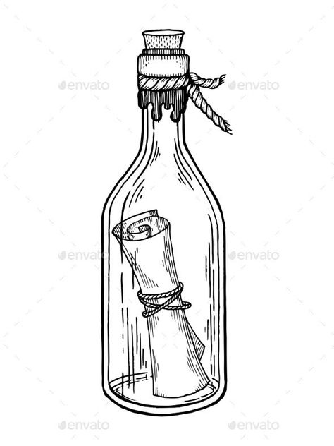 How To Draw A Bottle, Bottle Drawing Ideas, Message In A Bottle Drawing, Message In A Bottle Tattoo, In A Bottle Drawing, Bottle Art Drawing, Bottle Drawings, Bottle Doodle, Unique Drawing Ideas