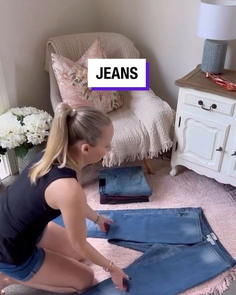 How to fold awkward items... | jeans | The jeans hack is a game changer! 👏😱 | By Tyla Folding Hacks, Folding Jeans, How To Fold, The Jeans, Maximize Space, Popular Videos, Clothes Organization, Household Hacks, Cleaning Tips