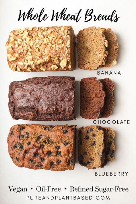 Whole Food Plant Based Bread, Vegan Whole Wheat Banana Bread, Wfpb Banana Bread, Wfpb Bread Recipe, Wfpb Desserts No Oil, Vegan Chocolate Bread, Healthy Vegan Bread, Vegan Blueberry Bread, Plant Based Bread