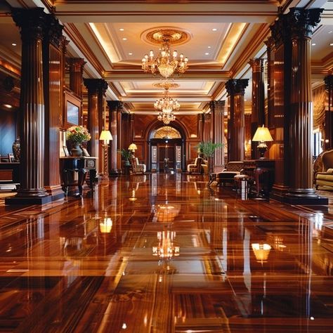 The picture captures the exquisite interior of a luxurious hotel lobby, defined by its polished wooden floors that reflect the soft glow of the overhead chandeliers. Rich wooden columns and ornate details emphasize the room's grandeur, while plush seating areas invite relaxation. The grandiose setup is perfectly symmetrical, adding to the overall majestic and pristine aesthetic of the space, creating a sense of opulence and refined elegance that welcomes guests. Aesthetic Hotel Lobby, Hotel Lobby Aesthetic, Lobby Aesthetic, Fancy Hotel Lobby, Pristine Aesthetic, Luxury Hotel Lobby Reception, Fancy Hotel Lobby Aesthetic, Grand Hotel Lobby, Historic Hotel Lobby