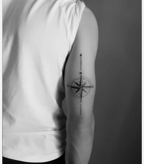 Compass Tattoo Back Of Arm, Tricep Compass Tattoo Men, Compass Tricep Tattoo, Compass Tattoo Arm Men, Arm Simple Tattoo Men, Tattoo On Tricep For Men, Simple Shoulder Tattoo For Men, Compass Tattoo Wrist, Tricep Tattoo Men Simple