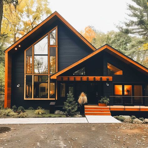 Modern Cabin In The Woods, Black Home Exterior, Modern Cabin Interior, Black Cabin, Home Exteriors, Modern Small House Design, Cabin Exterior, Lush Forest, Cedar Homes