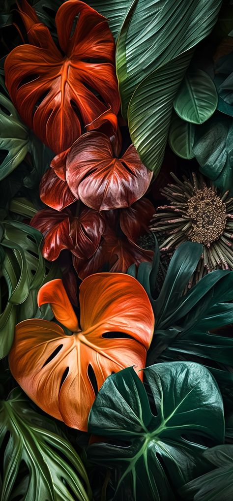 Floral wallpaper with lush tropical plants close-up Leaf Aesthetic, 70s Living Room, Plant Drawings, Lock Screen Iphone, Aesthetic Lock Screen, Aesthetic Digital Art, Jungle Flowers, Samsung Mobile Phone, Aesthetic Phone Wallpaper