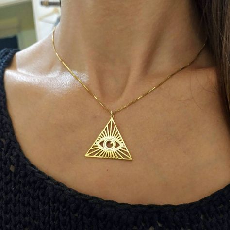 Triangle Eye, Eye Of Providence, Christian Necklace, Gold Triangle, Hamsa Pendant, Mens Necklace, Seeing Eye, Triangle Necklace, Symbolic Jewelry