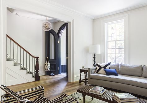 When a young family—a lawyer and dance professor and their two young sons—purchased a Brooklyn townhouse, the building had been subdivided into four apartm Living Room Brooklyn, Brooklyn Townhouse, Elizabeth Roberts, Street Townhouse, Townhouse Interior, Brooklyn Brownstone, Townhouse Designs, Interior Renovation, Row House