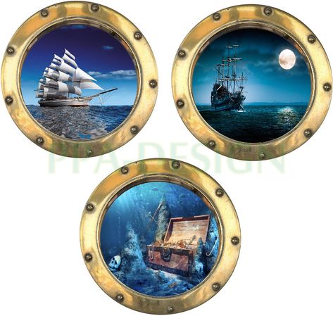 PPA DESIGN Sticker Mural Trompe l'oeil Hublot Bateau Coffre Pirate - Pack de 3 Hublots - Packhu013 (30x30cm): Amazon.fr: Cuisine & Maison Hublot Bateau, Sticker Mural, Design Sticker, Creative Painting, Pirate Party, Decorative Plates, Scrapbooking, Mural, Boutique