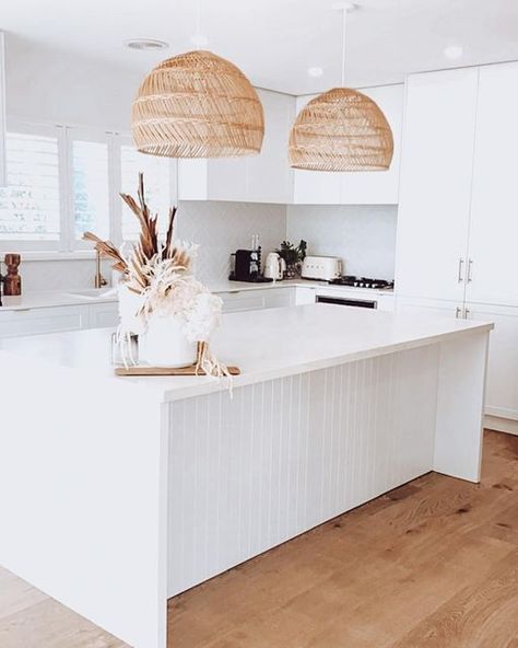 Kitchen Island Benches Ideas, Classic Hamptons Kitchen, White Vj Panelling, Small Hamptons Kitchen, Influencer Kitchen, V Groove Kitchen, Island Bench Ideas, Island Bench Kitchen, Modern Hamptons Style Kitchen