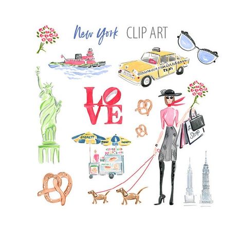 Nyc Doodles, New York Illustration, Nyc Taxi, New York Theme, Nyc Print, Hot Dog Stand, Watercolor Clip Art, Art City, Chrysler Building