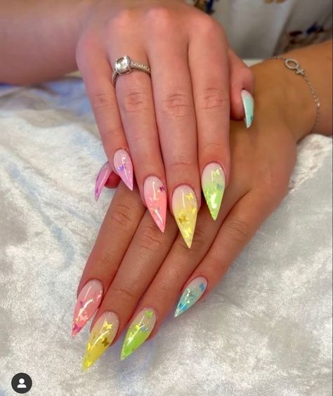 Colorful Glitter Nails, Pink Green Nails, Rainbow Nails Design, Rainbow Nail Art, Rainbow Nail, Nails Yellow, Acrylic Nail Set, Nail Stuff, Colorful Glitter