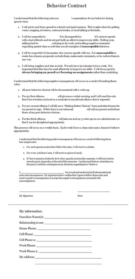 This is a Behavior Contract I give all my kids on their first day of speech.  It is designed for middle schoolers and helped me tremendously to eliminate behavior problems this year!  Keeping it with data sheets provides me with parent contact information at my fingertips! School Behavior Contract, Behavior Contract For Home, Behavior Contract Middle School, Behavior Contract For High School, Behavior Contract Elementary, Student Behavior Contract, Behavior Contract, Behavior Charts, Behavior Rewards