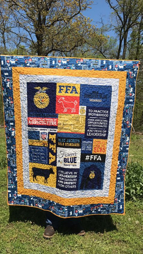 Lap size FFA quilt. 57 x 67 order yours today! Ag Teacher Gift Ideas, Ffa Shadow Box Ideas, Ffa Dessert Ideas, Ffa Quilt Ideas, Ffa Backgrounds, Ffa Gift Ideas, Ffa Quilts, Ffa Advisor Gifts Ideas, Ag Teacher Gifts