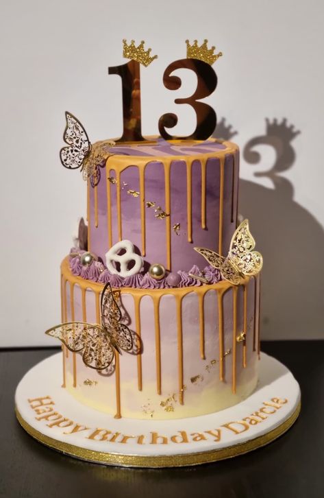 Purple White And Gold Birthday Cake, Purple And Rose Gold Cake, Purple And Gold Cakes, Double Layer Cake Design, Purple Gold Cake, Double Tier Cake, Purple And Gold Cake, Cake With Gold Drip, Purple Ombre Cake