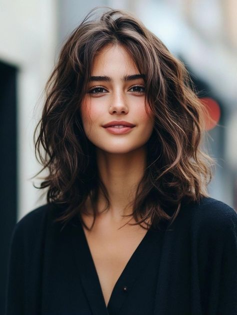 Chic Medium Wavy Hairstyle Ideas: Effortless Waves and Stylish Looks Wavy Thick Haircut Shoulder Length, Curly Wavy Hair With Curtain Bangs, Long Layers Beach Waves, Long Bob For Thick Wavy Hair, Wavy Hair Medium Haircut, Natural 2b Hair, Wavy Hair Mid Length Haircut, Long Fine Hairstyles, Mid Wavy Hairstyles