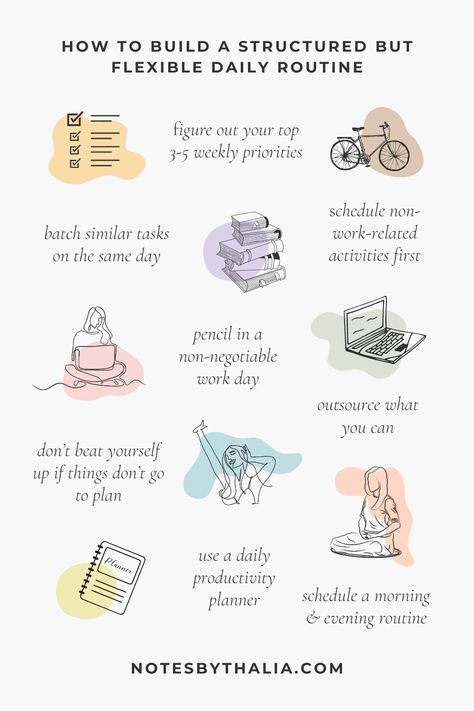 How to build a structured but flexible daily routine infographic Structure Life Daily Routines, Healthy Routines Daily, How To Follow A Routine, Daily Structure For Adults, Habits For Healthy Lifestyle, Self Improvement Morning Routine, Waking Up Routine, How To Start A Routine, A Day In My Life Routine