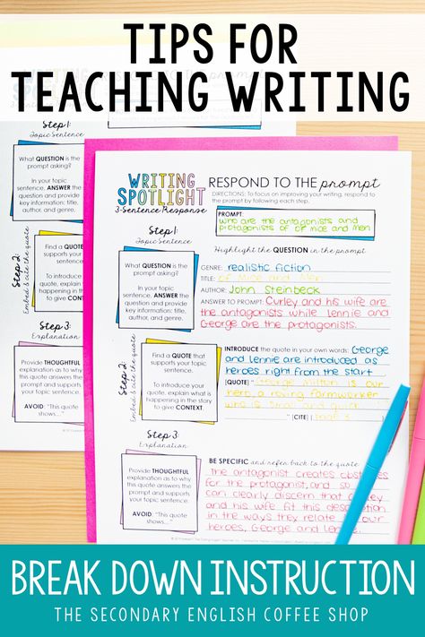 Simplify writing instruction! Writing Tip for the Secondary ELA Teacher: When teaching writing in middle school and high school, break it down and simplify it. This writing strategy will help students become stronger writers by focusing on essential skills one at a time. Teaching Writing | Teaching Tip | Teaching Writing Tip | Middle School Writing | High School Writing | Writing Activities for Secondary ELA | Writing Instruction Paragraph Writing High School, Writing Workshop Middle School, Writing Station Middle School, Writing Strategies For High School, Special Needs Writing Activities, Race Writing Strategy Middle School, Ela Curriculum Middle School, Writing Folders Middle School, Ela Tutoring Ideas