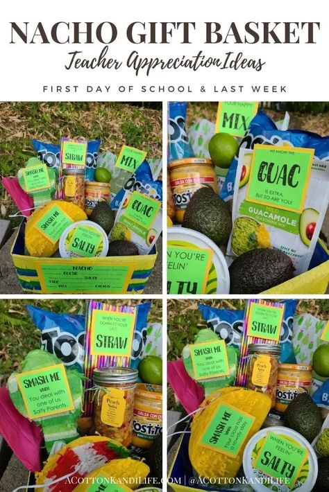 Nothing says you're NACHO Average Teacher like a Nacho Gift Basket! Let your teacher know they're appreciated and a little extra {Like the Guac} to start your Back to School Week. This single-page printable can be printed on any color paper and then used to label your special Teacher Appreciation Gift with all the fun-themed ingredients. Gift Basket Teacher, Nacho Average Teacher, Spanish Teacher Gifts, Taco Gifts, Teachers Appreciation Week Gifts, Parenting Blogs, Basket Labels, Teacher Gift Baskets, Toddler School