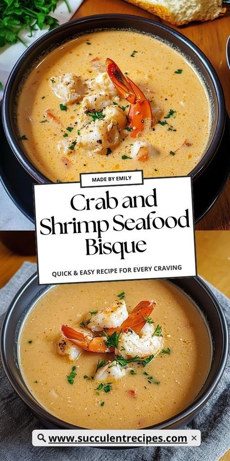 Dive into this Creamy Crab and Shrimp Seafood Bisque, a gourmet delight that’s surprisingly easy to make! Perfect as a starter or main dish, it’s a seafood experience you won’t want to miss. Crab And Shrimp Bisque Recipe, Gourmet Shrimp Recipes, Shrimp Bisque Soup Recipes, Crab And Shrimp Seafood Bisque, Shrimp Bisque Recipe, Crab Bisque Recipe, Bisque Soup Recipes, Crab And Shrimp, Shrimp Stew