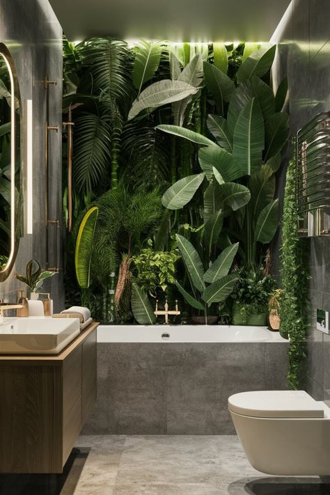 Bring the tropics to your bathroom with these 10 stunning jungle-inspired design tips. Mix leafy plants with sleek finishes and earthy hues to create a contemporary yet lush escape. #TropicalBathroom #ModernJungleDecor #BathroomInspo #InteriorDesign #NatureInspiredLiving #BathroomMakeover #JungleVibes #HomeDecor #TropicalEscape #BathroomGoals Jungle Apartment Decor, Wild Bathroom Ideas, Bathroom With Plants, Plant Bathroom, Jungle Bathroom, Moss Walls, Beautiful Bathtubs, Spa Room Decor, Jungle Decor