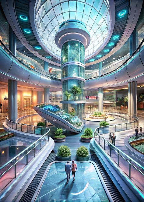 Step into the future with these breathtaking futuristic interior design ideas for shopping malls. 😍 Discover innovative designs and materials that create a truly immersive shopping experience. #interiordesign #futuristic #shoppingmall #architecture #designinspiration #retail #shopping #modern Futuristic Dormitory, Futuristic Mansion Interior, Futuristic Interior Concept Art, Futuristic Grocery Store, Futuristic Bunker, Haunted Spaceship, Futuristic Mall, Futuristic Lifestyle, Futuristic Architecture Interior