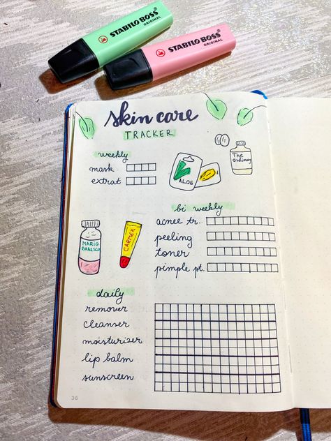 Beauty Journal Ideas, Skincare Journal Ideas, Skin Care Journal Ideas, Bujo Skincare, Phone Tracker Bullet Journal, Skin Care Bullet Journal, Journal Ideas Skincare, Planer Ideas Diy, Skin Care Tracker