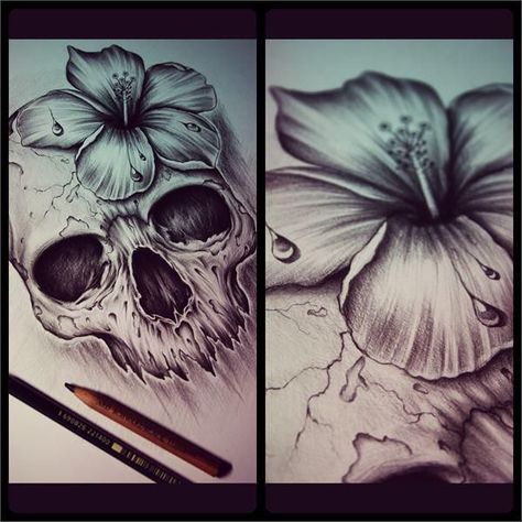 I freaking love this!! Not a skull person but I could live with this for the rest of my life!! Hibiscus Tattoo, Lily Tattoo, A Skull, Skull Tattoos, Trendy Tattoos, Rose Tattoos, Love Tattoos, Skull Art, Beautiful Tattoos