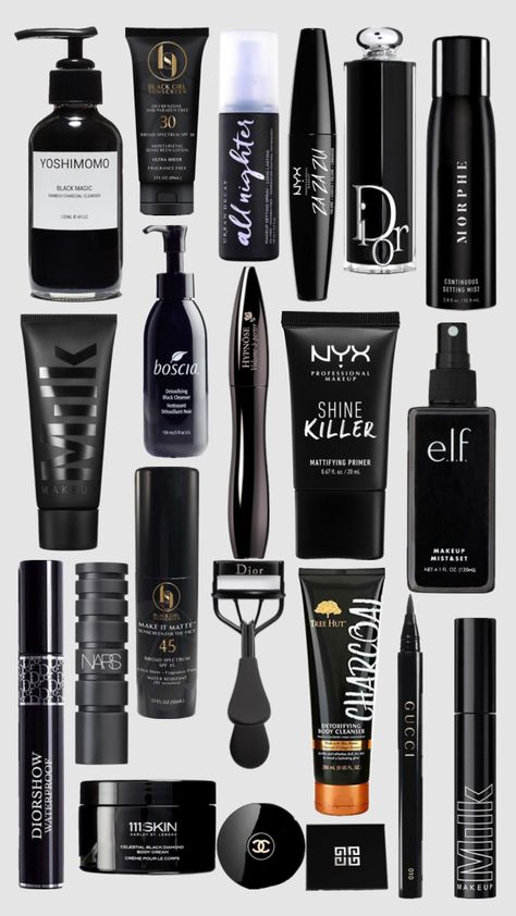 #black#skincare#makeup#haircare Black Skin Care Aesthetic, Black Skincare Aesthetic, Goth Makeup Products, Reputation Makeup, Black Skincare, Makeup Morphe, Mattifying Primer, Skin Care Routine Order, Black Skin Care