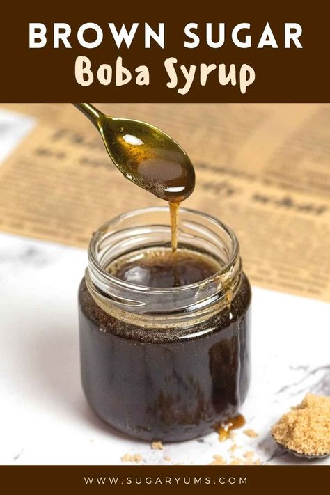 brown sugar syrup dripping from spoon into small glass jar filled with syrup Brown Sugar Syrup For Boba, Boba Syrup Recipe, Tea Syrup Recipe, Easy Bubble Tea Recipe, Brown Sugar Boba, Boba Tea Recipe, Boba Recipe, Make Brown, Bubble Tea Recipe