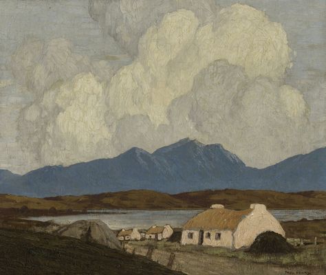 https://flic.kr/p/rLmQA9 | Paul Henry - Cottages, West of Ireland [1928-30] | Henry (1876 - 1958) studied in Belfast and Paris, and then in Whistler’s studio. He admired Millet, Van Gogh, Cézanne and Whistler, and these traces are evident in his work. This painting is possibly of the Maamturks, seen from the eastern end of Kylemore Lake, done from memory in the late 1920s. Typically, it shows a two-part division of the picture plane, with a cloudy sky characterised by a narrow tonal range, H... Paul Henry, Irish Painters, Landscape Inspiration, Irish Landscape, Irish Cottage, Ireland Landscape, Irish Art, Celtic Art, Paintings I Love