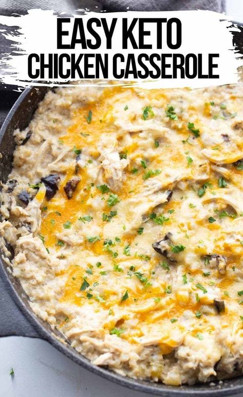 This casserole is easy and uses riced cauliflower, three kinds of cheeses, cream cheese and mushrooms! It is a quick low carb weeknight dinner everyone will love! Keto Chicken Cauliflower Rice, Chicken Cauliflower Rice Casserole, Chicken Cauliflower Rice, Kasey Trenum, Cauliflower Rice Casserole, Low Carb Chicken Casserole, Keto Chicken Casserole, Buffalo Chicken Casserole, Raw Cauliflower