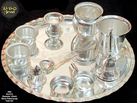 *Silver Plated 10 Pcs Pooja Thali Set. Thali Size 10 inch. Price ₹.1534/-* #thaliset #silverplated #poojaartical Pooja Thali, Platter Set, White Lotus, German Silver, White Metal, Pure White, Pure Silver, Punch Bowl, The House