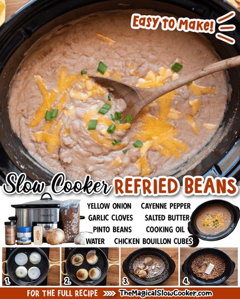 Slow Cooker Refried Beans are ultra creamy because of the entire stick of butter that is added! #refriedbeans #slowcooker #crockpot #pintobeans Slow Cooker Refried Beans, Crockpot Refried Beans, Beans Recipe Crockpot, Mexican Slow Cooker, Make Refried Beans, Magical Slow Cooker, Beans In Crockpot, Homemade Refried Beans, Refried Beans Recipe