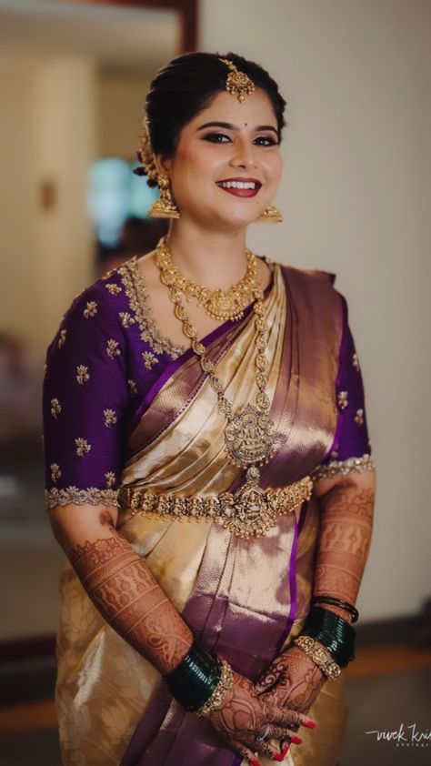 Bridal Sarees South Indian Purple, Saree Wedding Dress, Simple Blouse Designs For Silk Sarees, Sari Work Blouse Designs, Blouse Designs For Wedding Saree, Muhurtam Blouse Designs, Silk Saree Blouse Work Designs, Violet Blouse Designs For Saree, Purple Blouse Designs For Saree