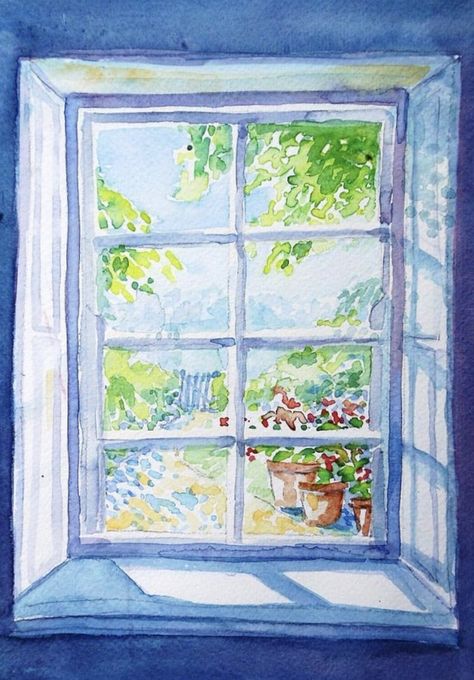 Window Illustration, Summer Window, Window Drawing, 수채화 그림, Garden Path, Window Art, Window Painting, Through The Window, Watercolor Landscape